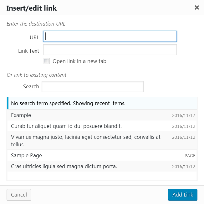 Select posts via default Wordpress wpLink
