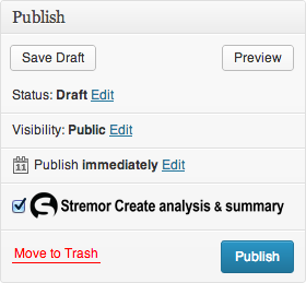 Check the "Stremor Create analysis & summary" checkbox to have an excerpt and tags created for you when the post is saved or published.