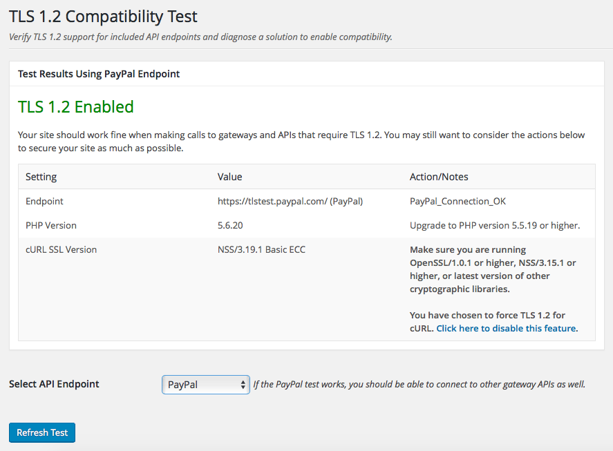Admin page under Tools > TLS 1.2 Test.