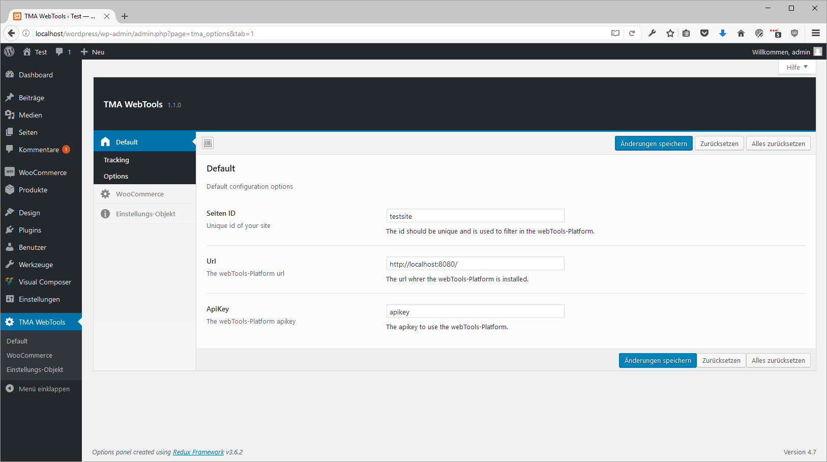 The configuration panel