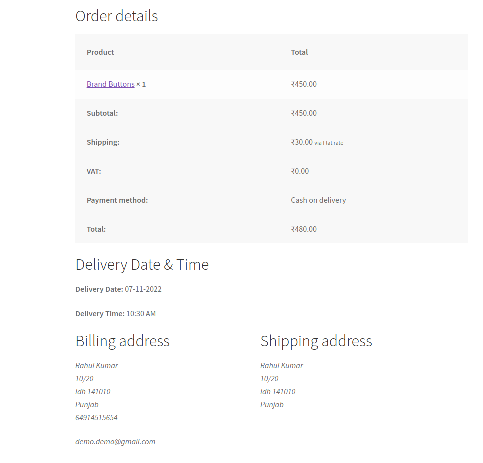 Woocommerce order placed page