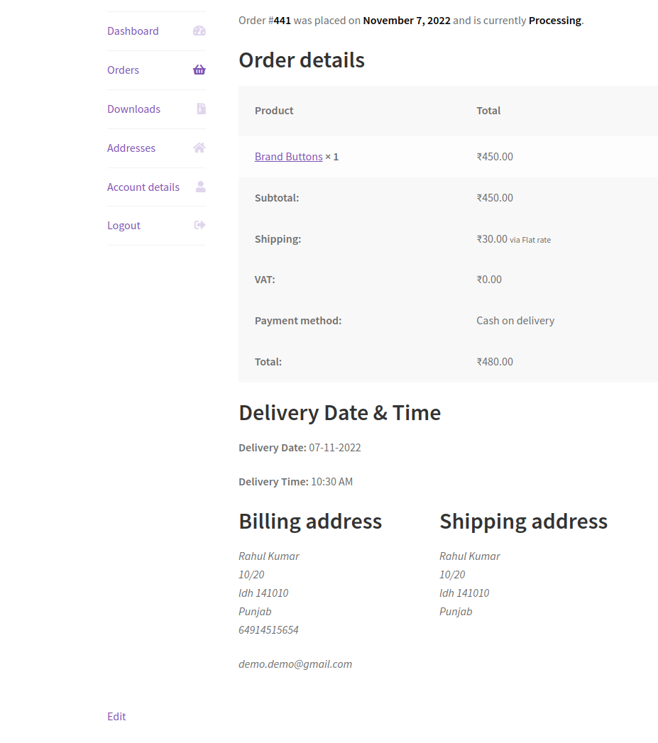 Woocommerce my-account/order-detail page