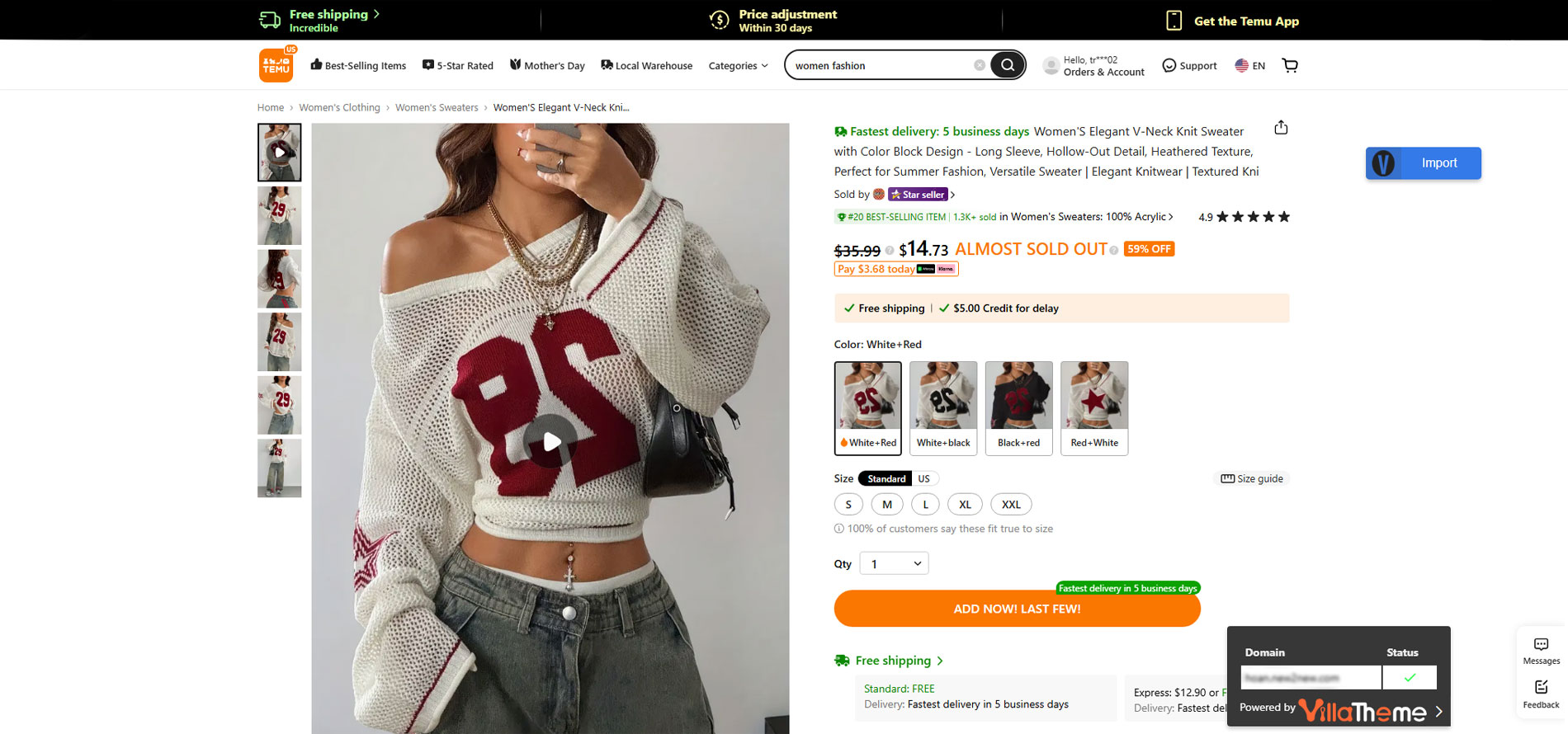 Import products on Temu single product page using Chrome extension