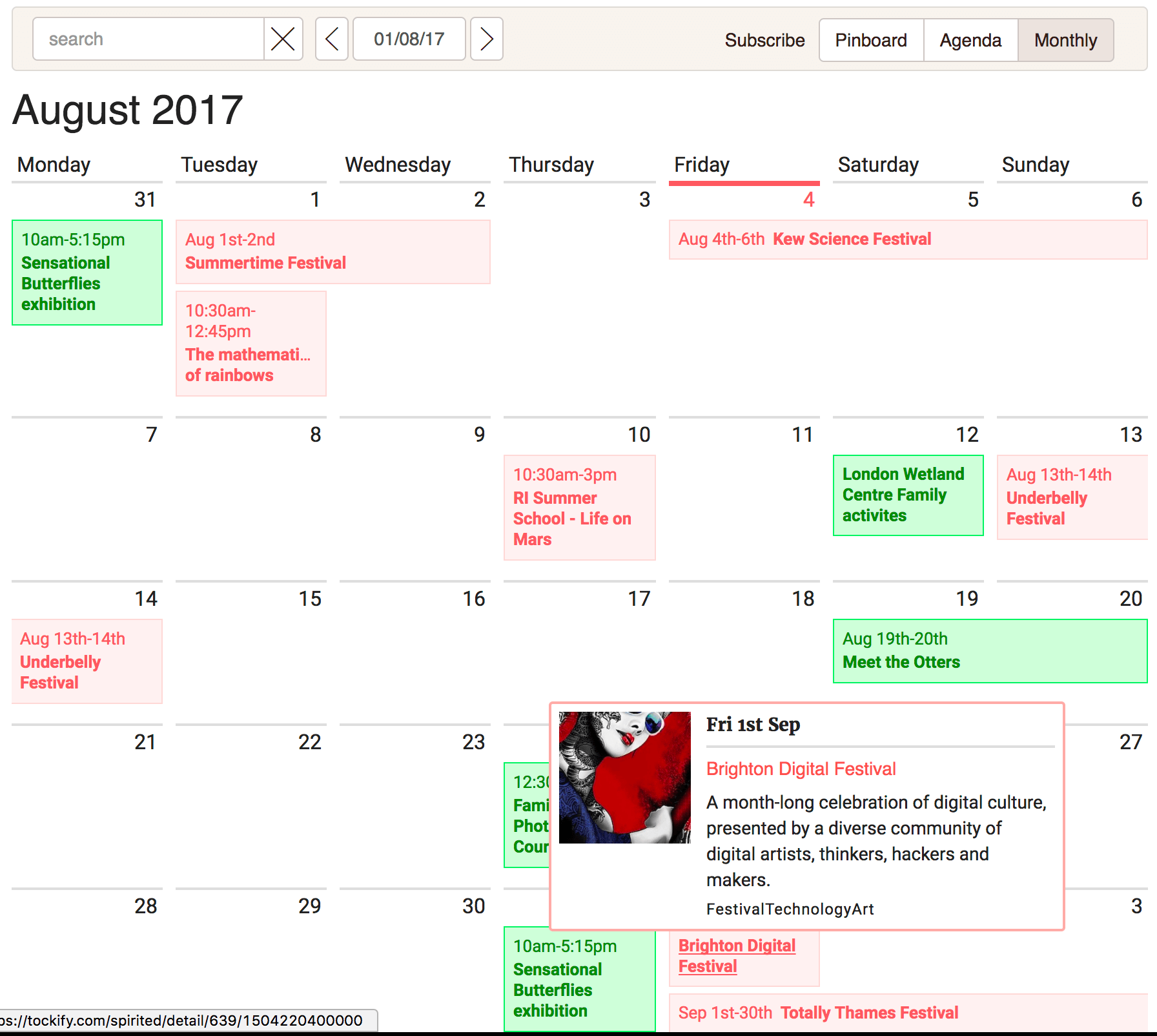 **Month** grid style calendar.