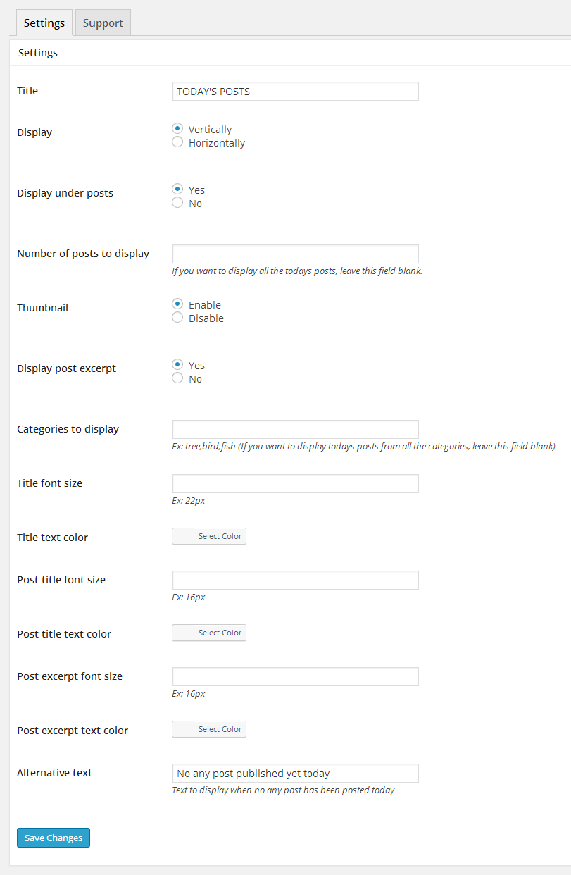 Settings page