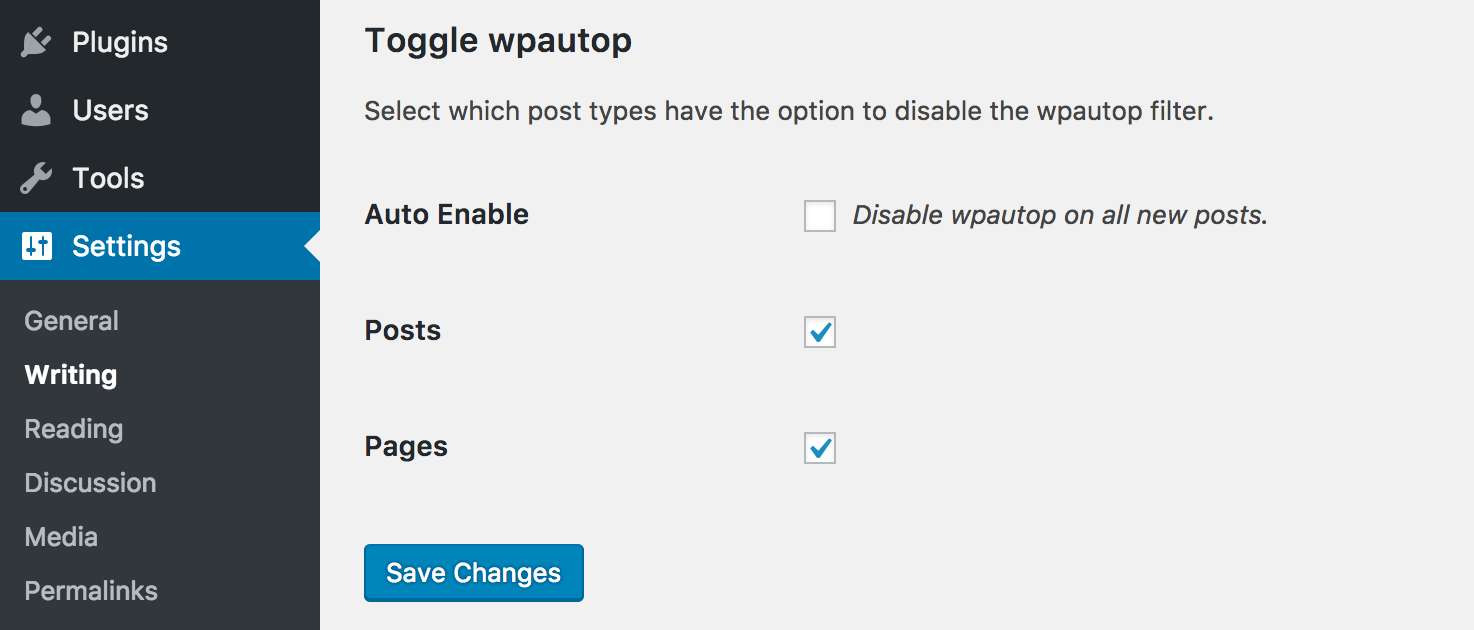 Settings->Writing page with plugin settings.