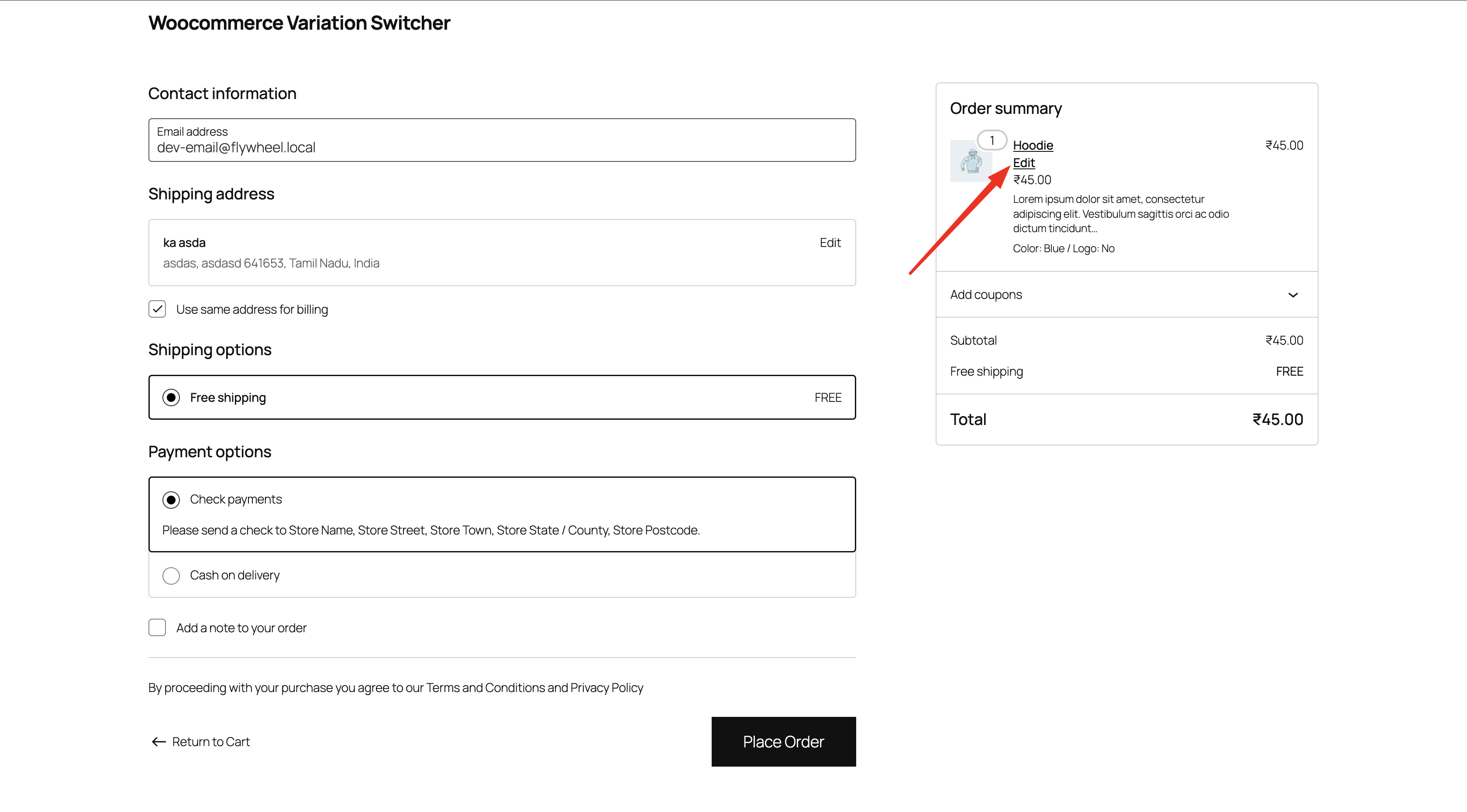 Variation selector popup