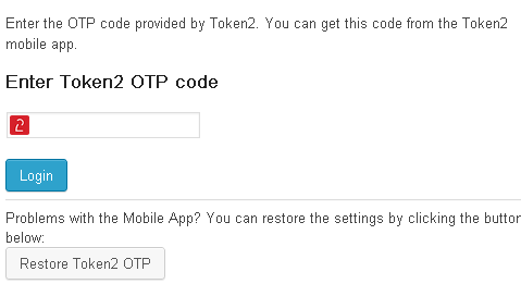 Form requesting Token2 OTP (second factor)