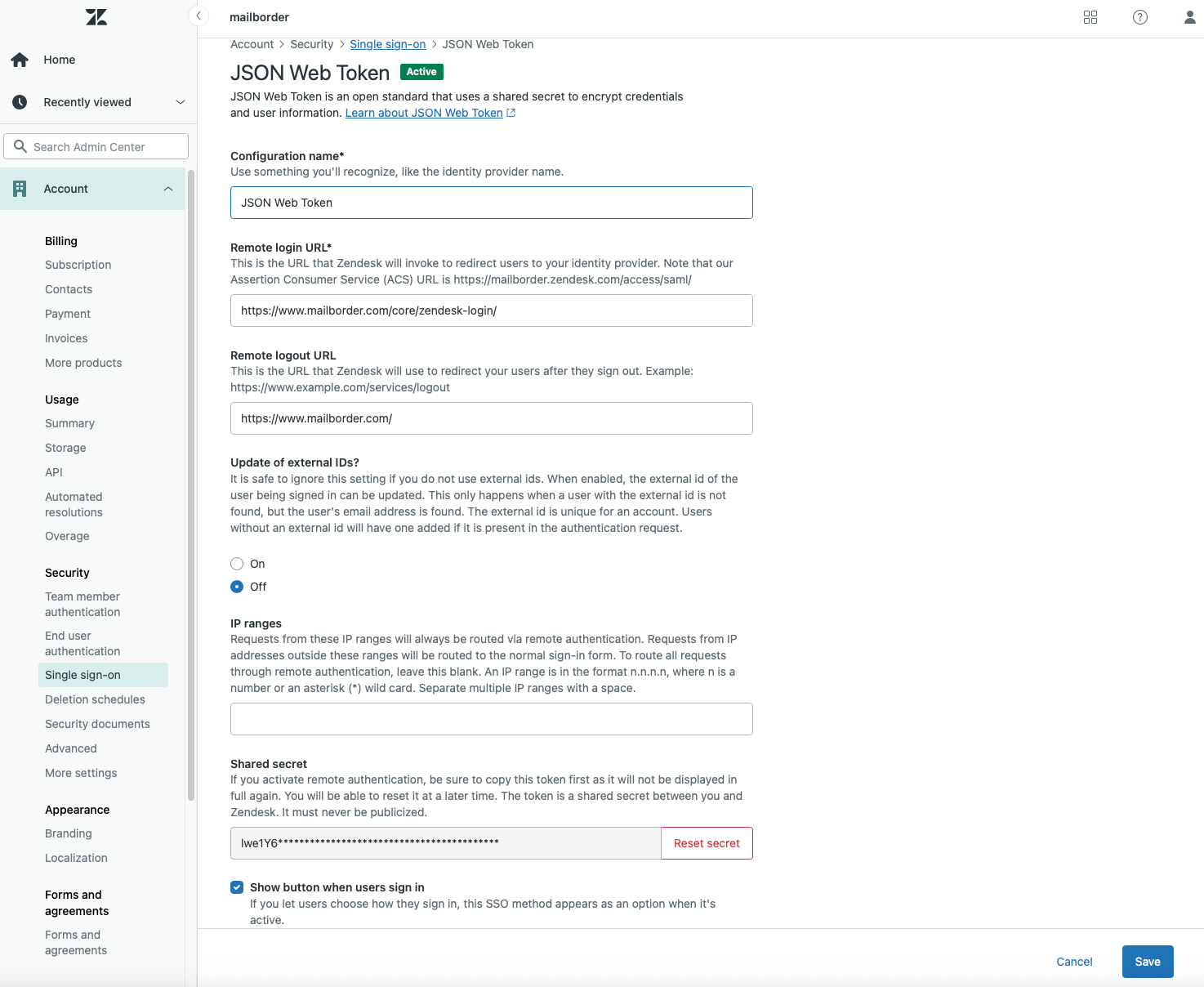 zendesk.com JSON Web Token configuration.