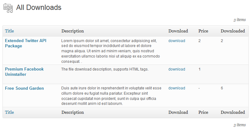 Admin section displaying all downloads
