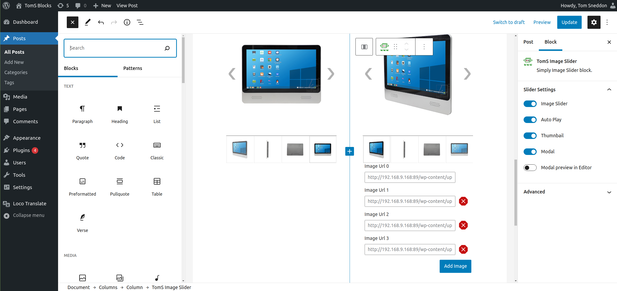 TomS Image Slider block in editor