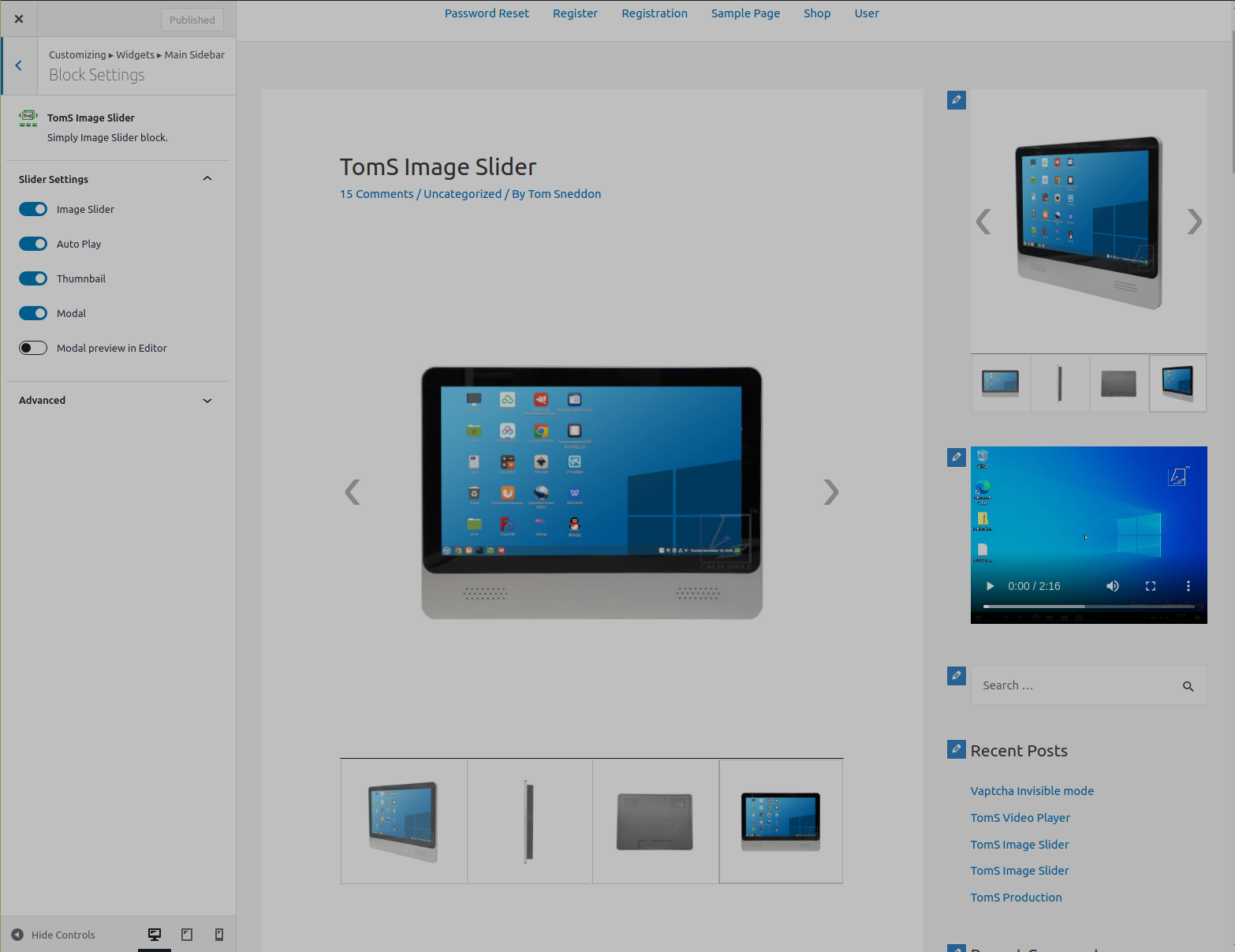 TomS Image Slider block settings in widget