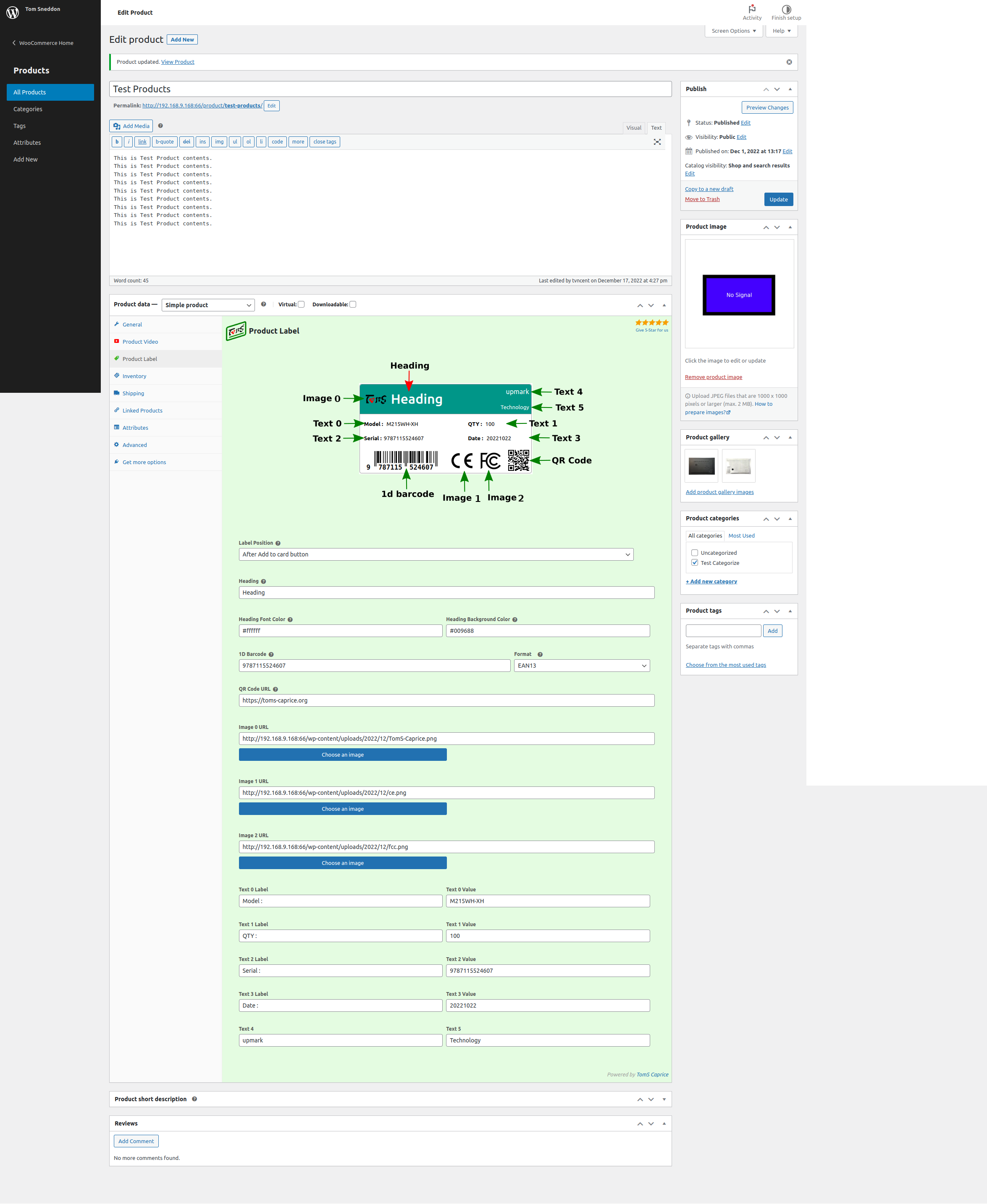 TomS Product Label setting field on woocomerce product edit page