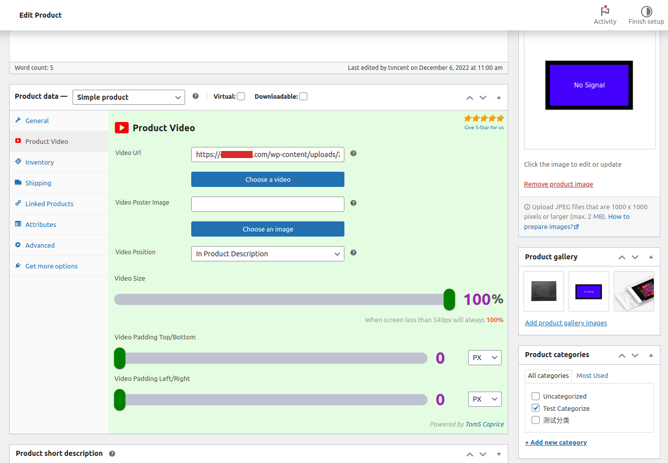 TomS Product video setting feild on woocomerce product edit page