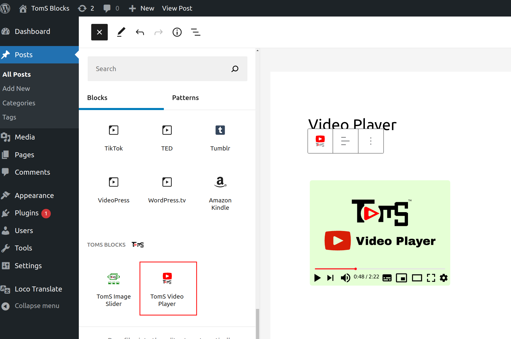 add Toms Video Player block from inserter