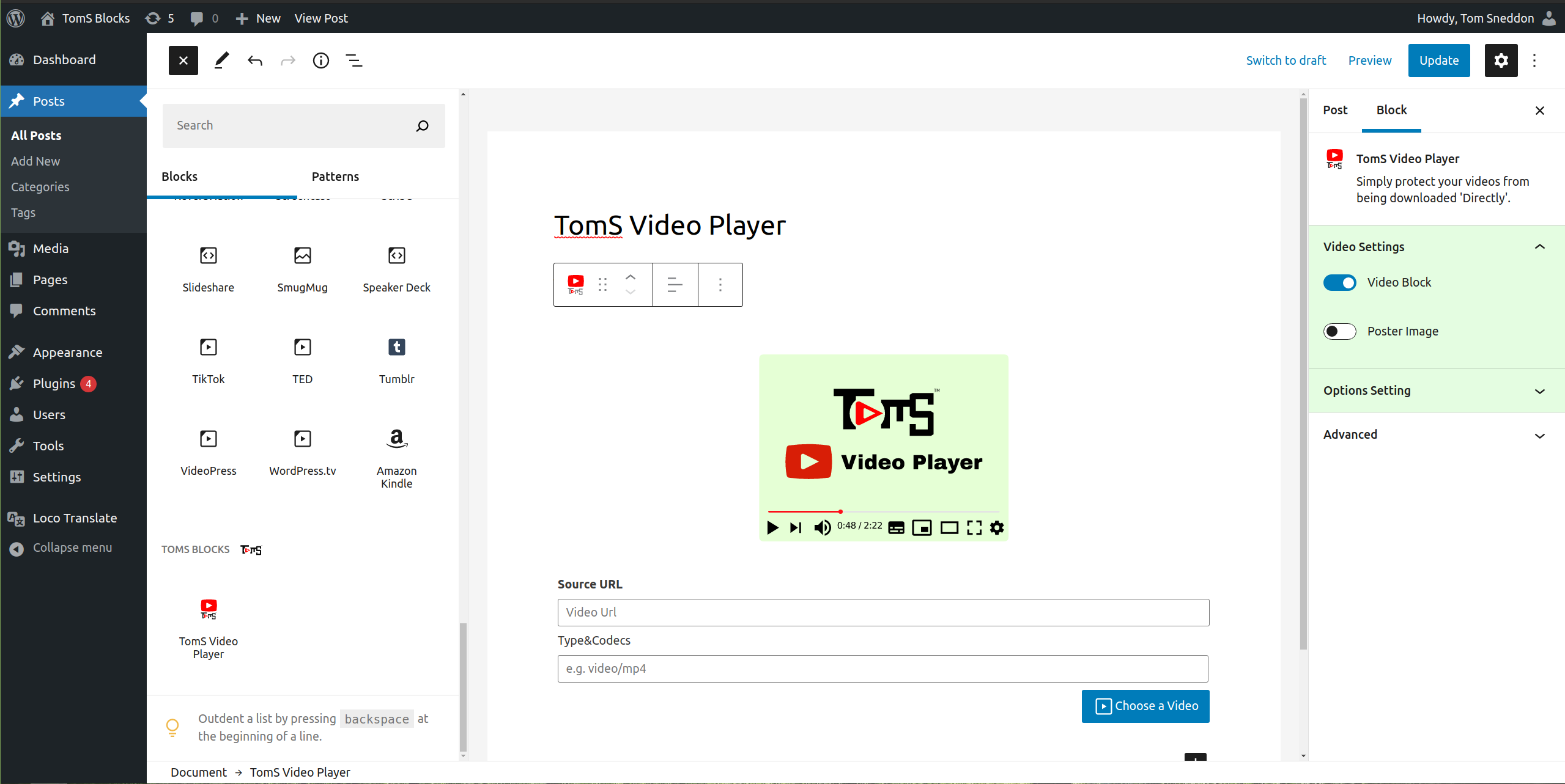 TomS Video Player block on selected