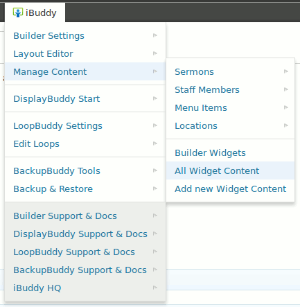 Toolbar Buddy in action - second level - "Builder" manage content, includes "Widget Contents" as well as dynamic support for the "Builder Blocks" plugins ([click on image for larger view](https://www.dropbox.com/s/84nw4l1nyly8eiz/screenshot-2.png)).