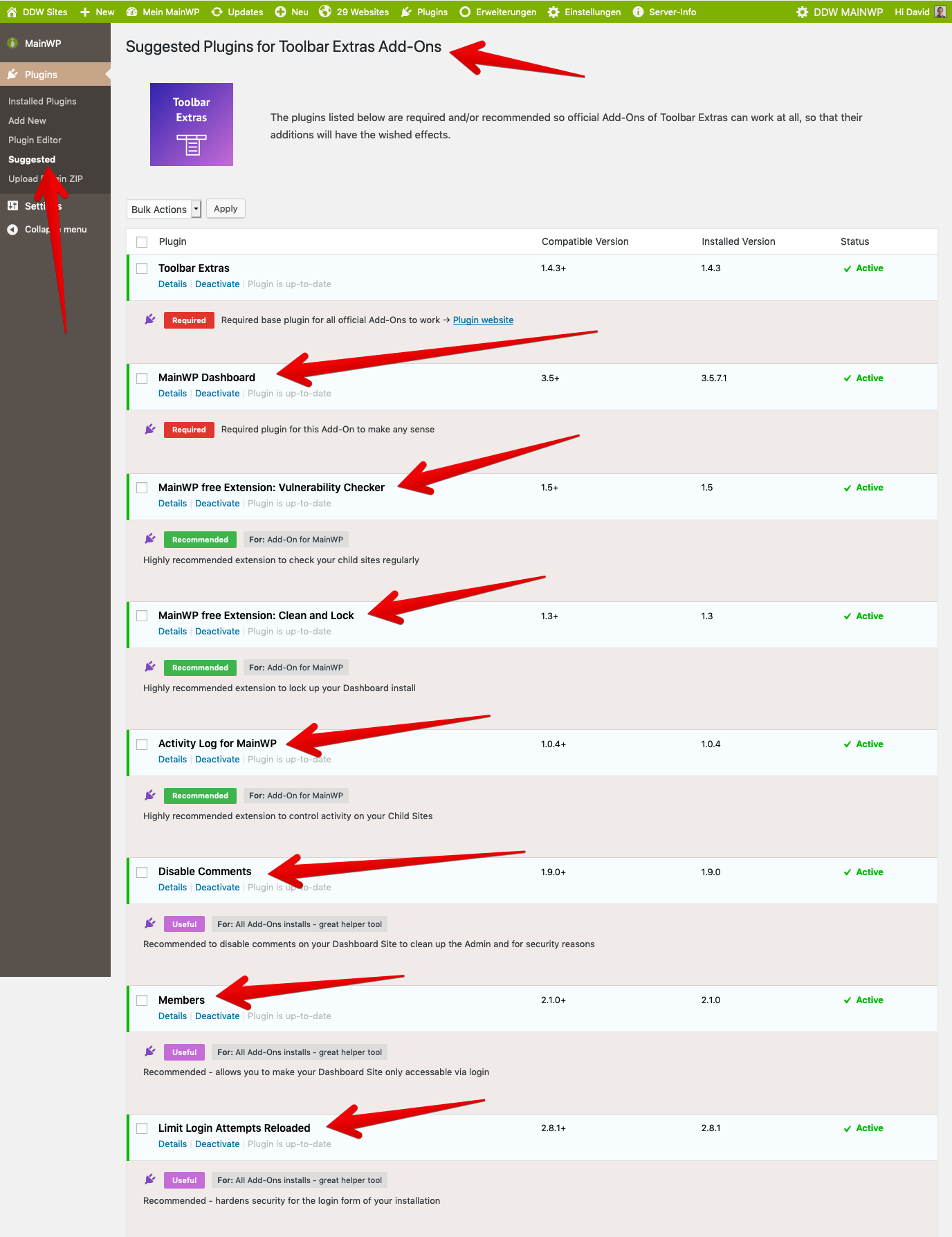 MainWP Add-On options in Toolbar Extras settings page