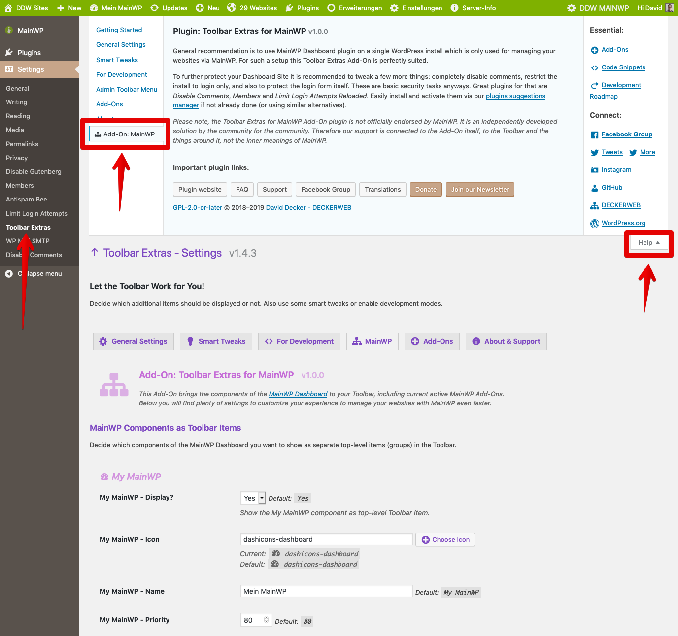 Example: Settings for the "Websites" component (Child Sites)