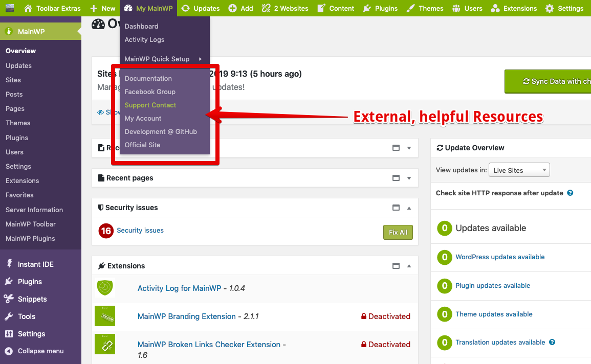 For MainWP Branded Admin Menü: additional Dashboard items