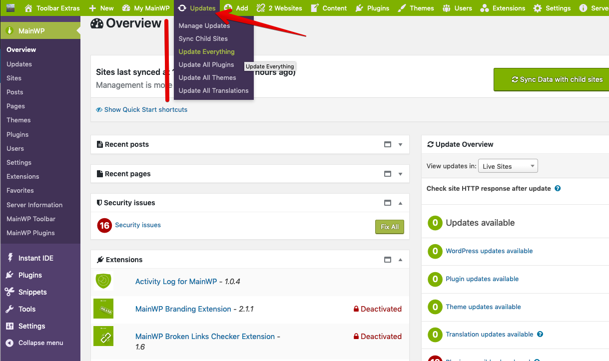 For MainWP Branded Admin Menü: additional Child Site item