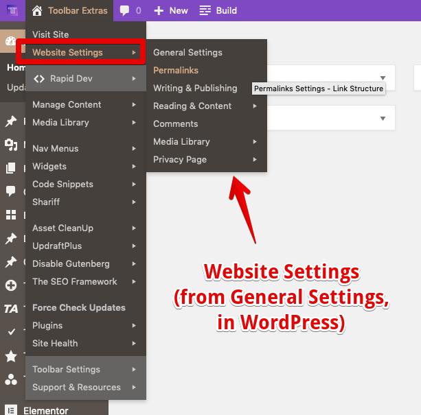 Toolbar Extras - "Website Settings", bunch of sub items within the Site Group, mirrors official WordPress settings for the site