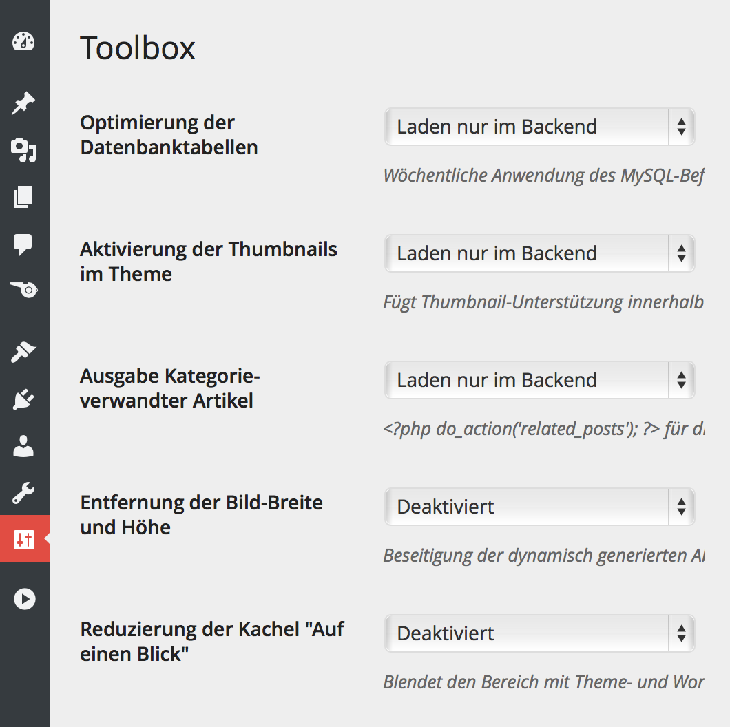 Toolbox Optionen