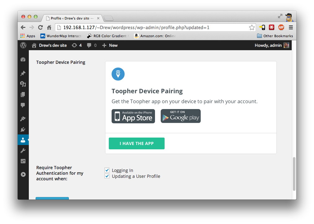 The Toopher Pairing screen, located in the User Profile admin view