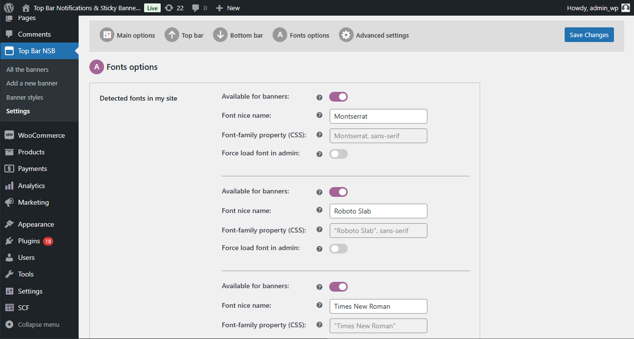 Settings: Auto-detected fonts