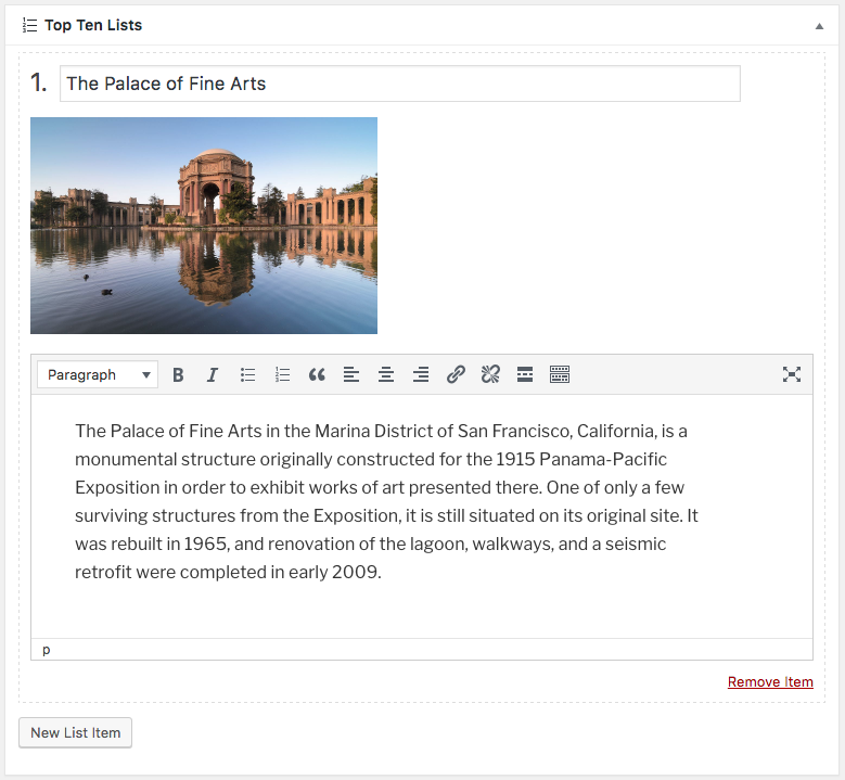 Screenshot of the Top Ten List meta box on the post editor screen where you can add, sort, and remove list items.