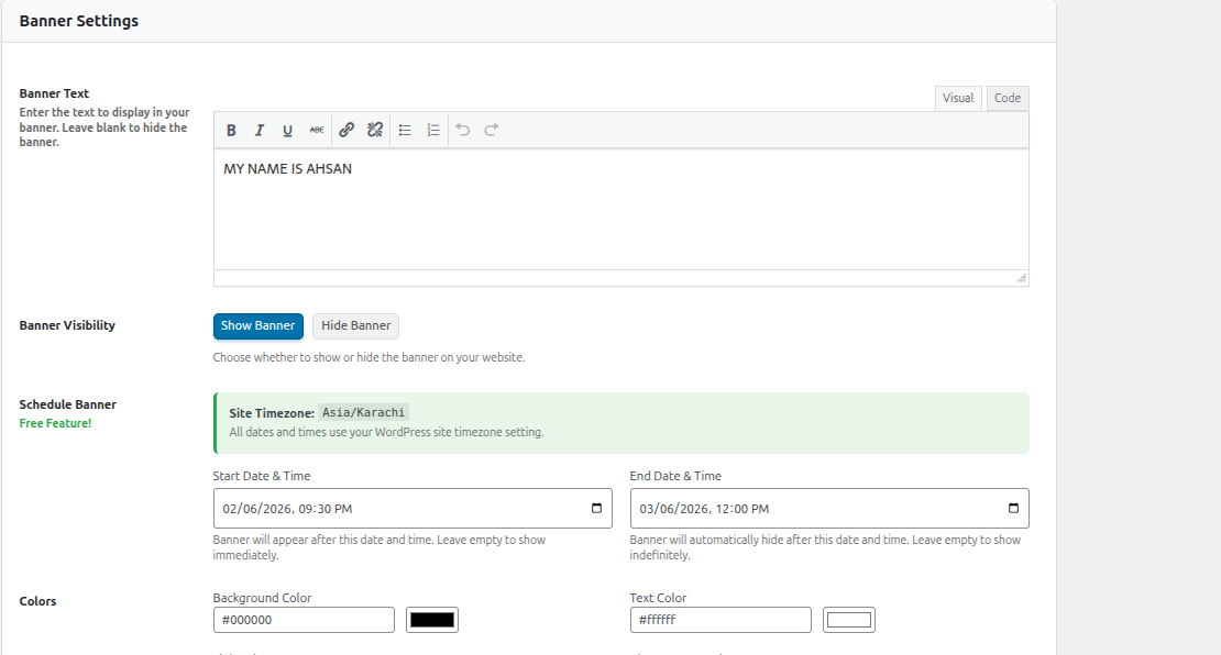 Schedule banners with start and end dates using your WordPress site timezone.