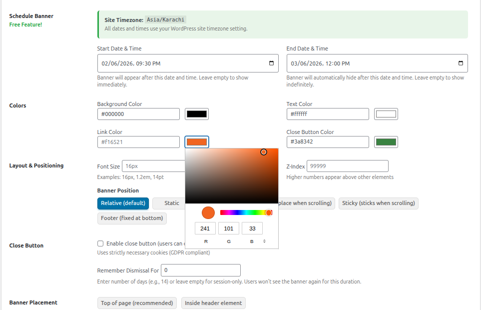 Hide the banner on specific pages, posts, or URL paths with wildcard support.