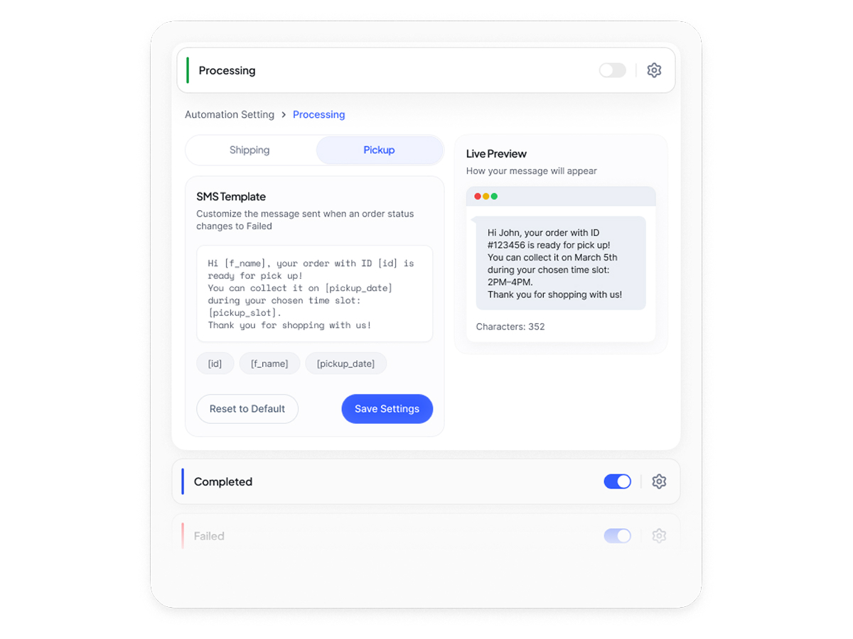 Automations editor with message template and status triggers