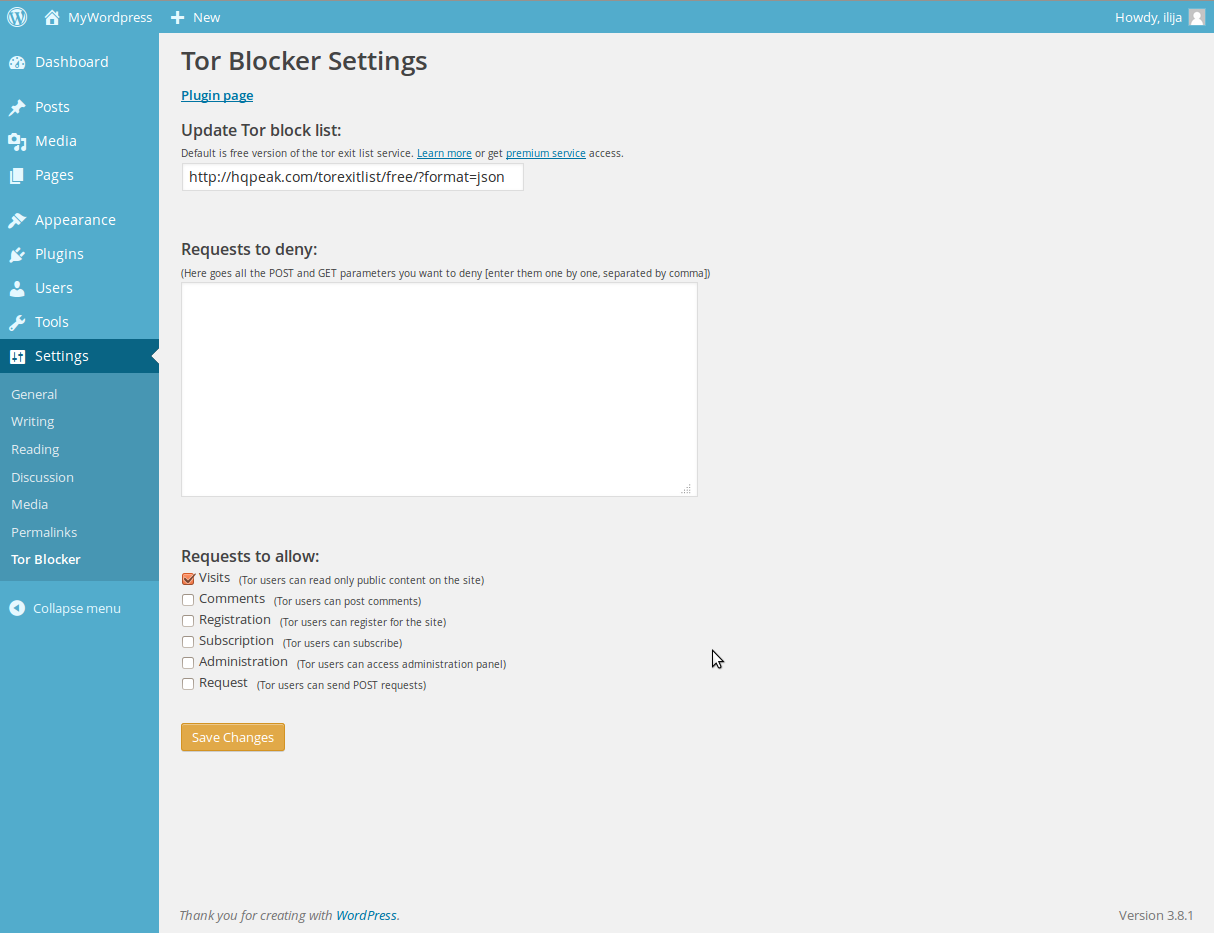 TorBlocker Settings panel at its default state (running with WordPress 3.8.1 here)