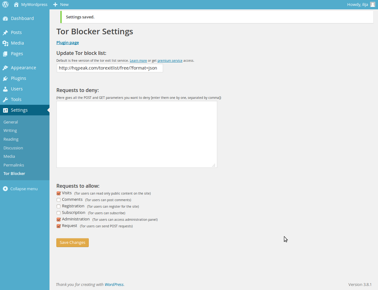 TorBlocker Settings panel with some options changed (running with WordPress 3.8.1 here)
