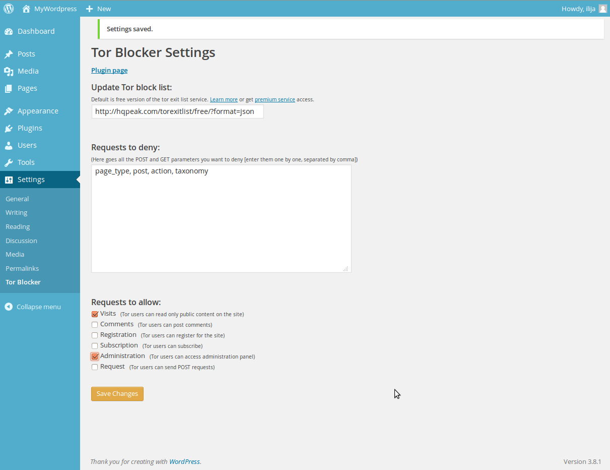 TorBlocker Settings panel with some other options changed (running with WordPress 3.8.1 here)