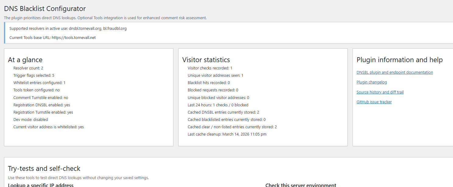 At a glance and visitor statistics: resolver status, selected trigger flags, whitelist state, Turnstile/registration protection status, and recorded DNSBL activity.