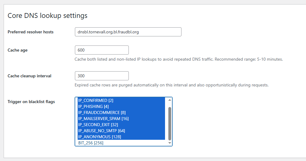 Core DNS lookup settings: preferred resolver hosts, cache age, cleanup interval, and the active blacklist trigger-flag profile including FraudBL-related flags.