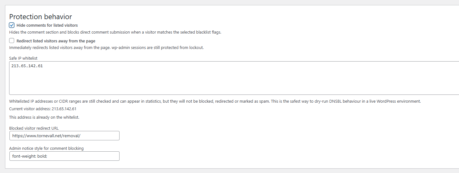 Protection behavior: comment hiding, redirect handling, safe IP whitelisting, blocked-visitor redirect URL, and admin notice styling.