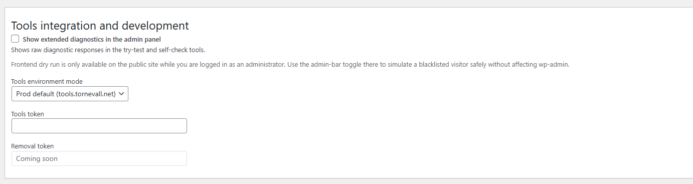 Tools integration and development: diagnostics mode, frontend dry-run guidance, production/dev Tools mode selection, and token configuration.