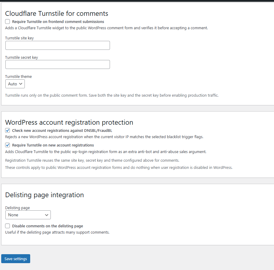 Cloudflare Turnstile and registration protection: Turnstile settings for comments plus DNSBL/FraudBL and Turnstile protection for new WordPress account registrations.