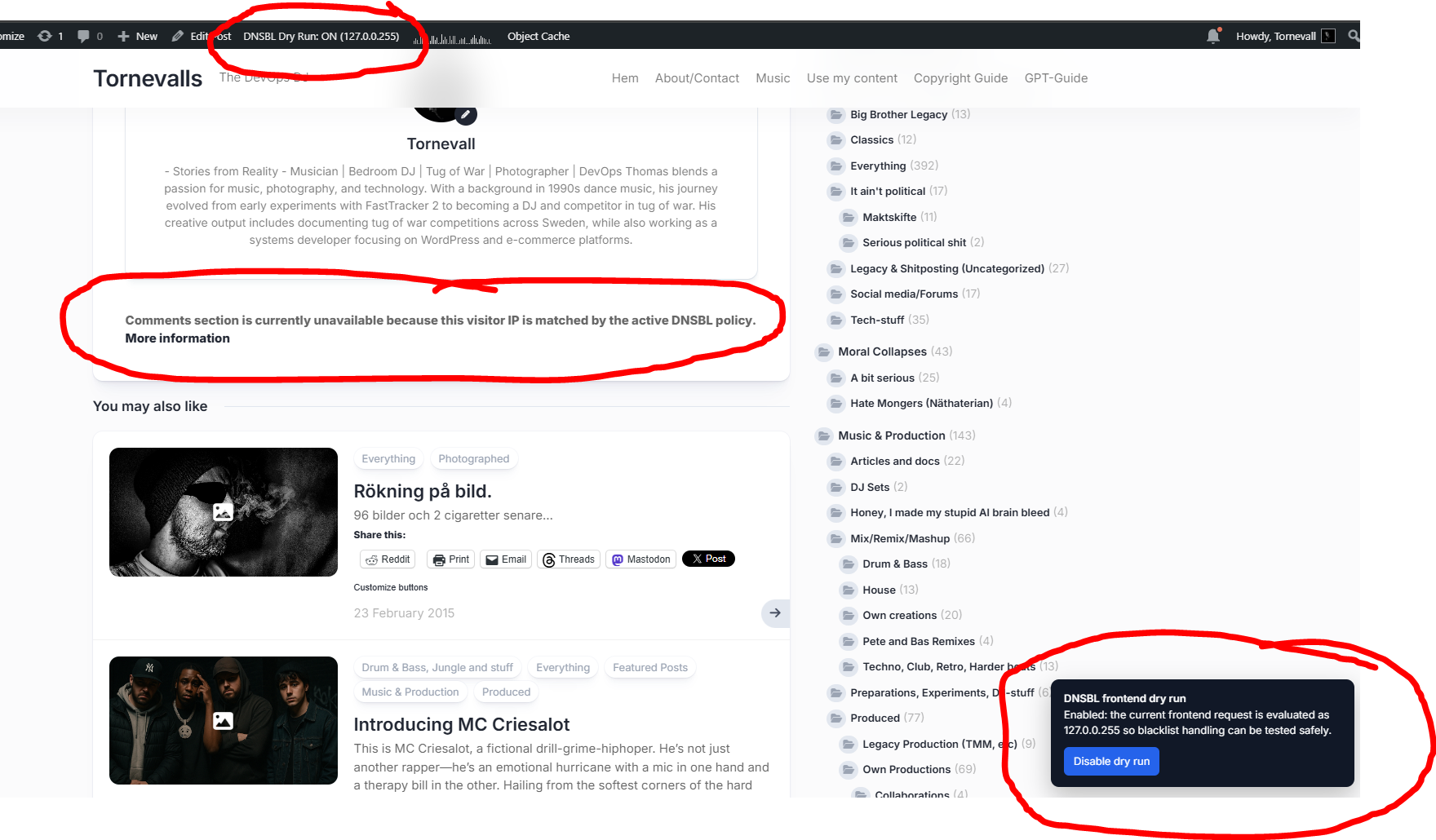 Frontend dry run in action: admin-bar dry-run indicator, blocked-comments notice on the public site, and the floating dry-run status banner used for safe live testing.