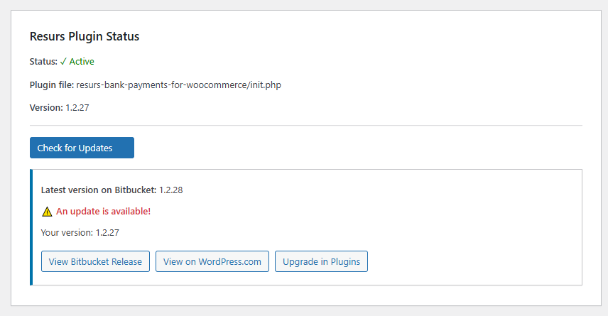 Resurs plugin version-check result panel in the toolbox admin UI.