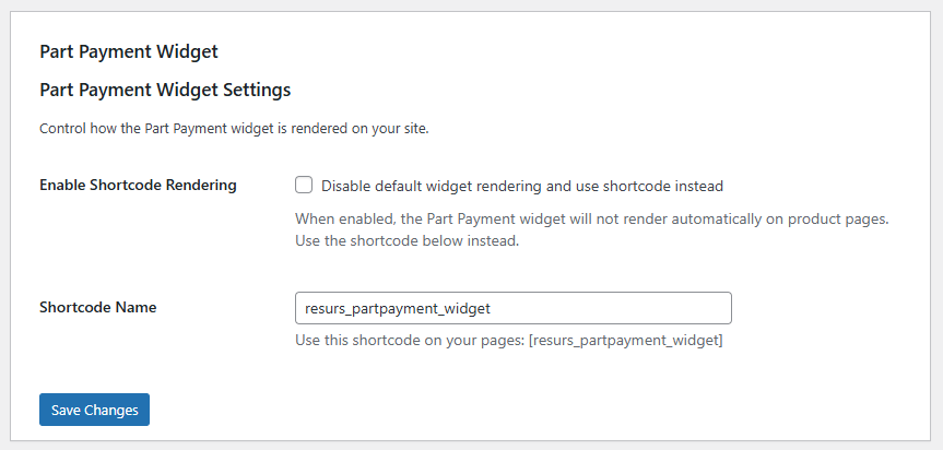 Part Payment Widget shortcode/manual mode settings in the toolbox tab.