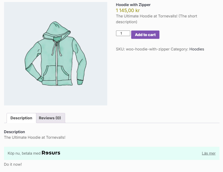 After: rendered Resurs Part Payment widget visible on the product page description.