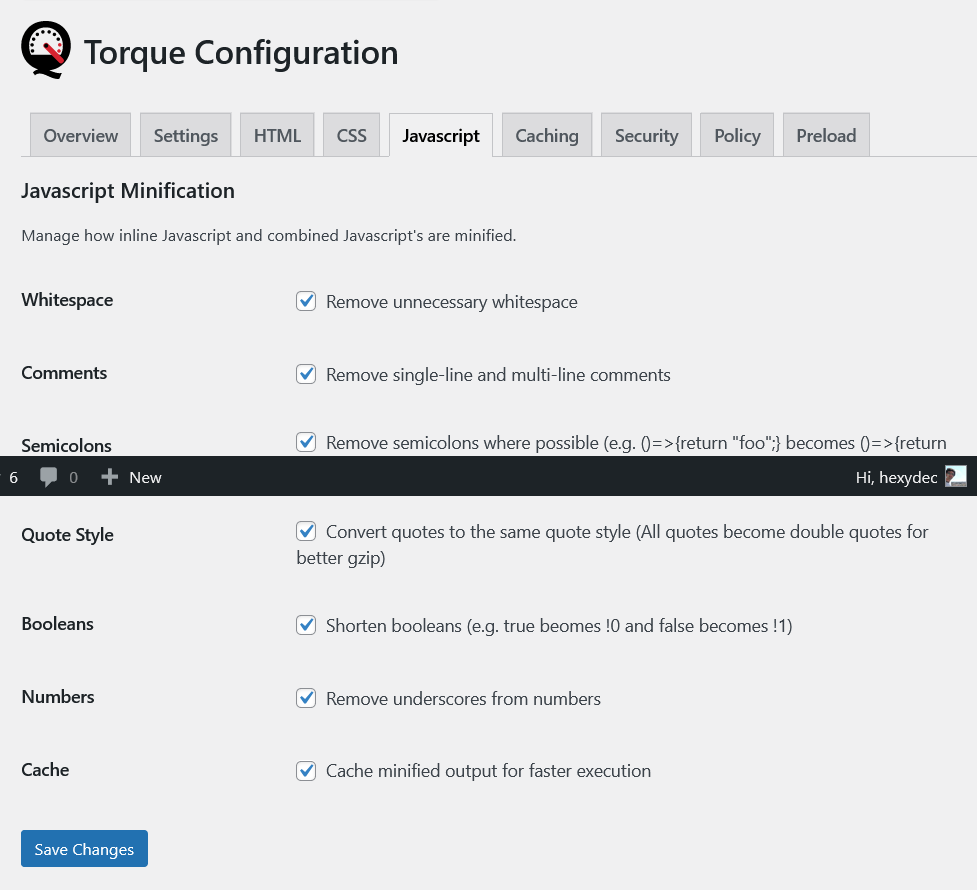 The Javascript tab enables you to specify your Javascript minification settings