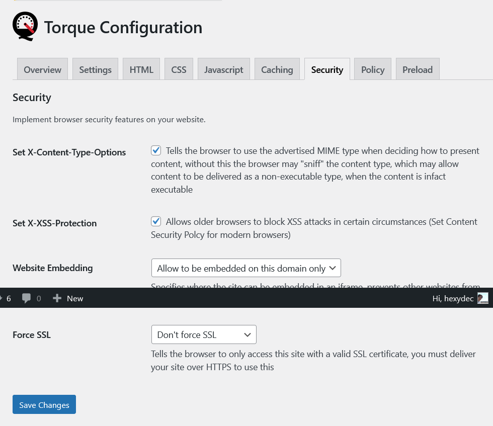 The Security screen enables you to set some security headers