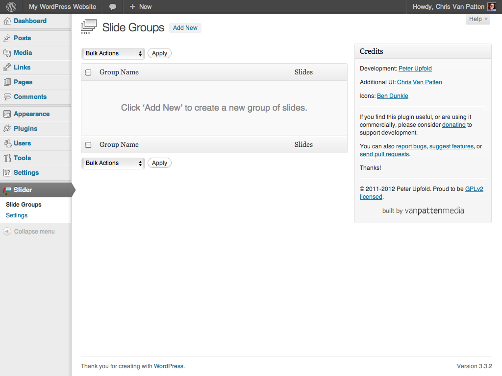 The slide groups screen.