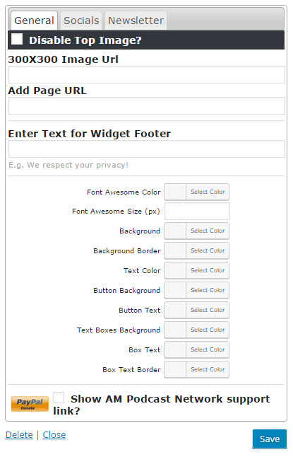 This is the first tab that you can add your Patreon image, link, or disable it. You can also change all of the colors here. This screen shot description corresponds to Backend-General-Tab.png