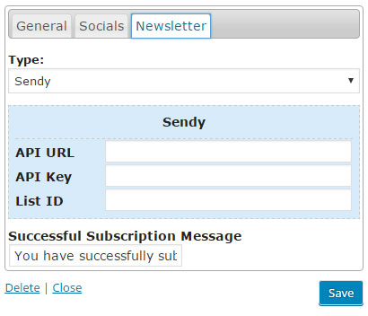 This tab allows you to fill in your Sendy or Mailchimp newsletter information. This screen shot description corresponds to Backend-Newsletter-Tab.png